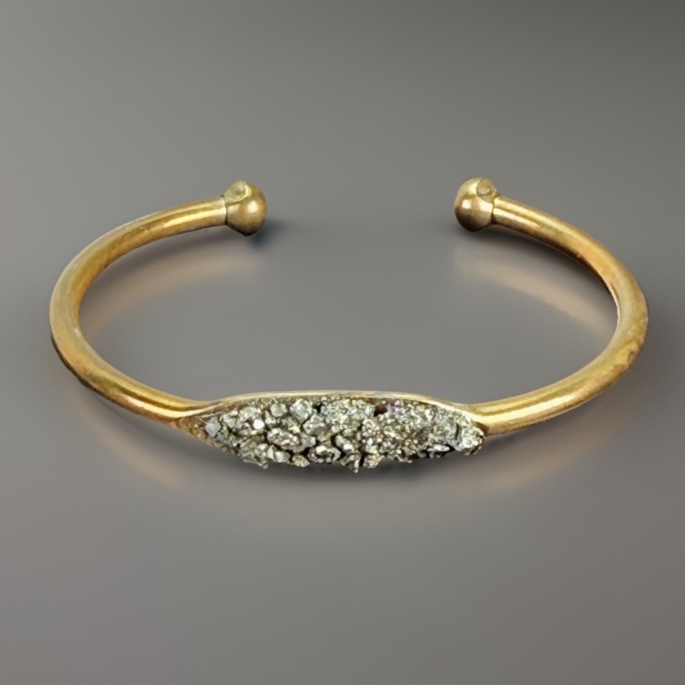 Vintage aged Goldtone Pyrite Druzy Open Cuff Bracelet